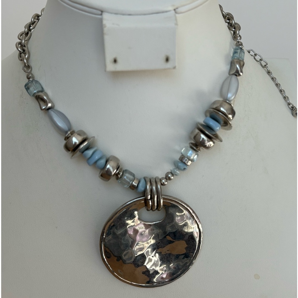 Chico’s periwinkle blue beaded necklace/ round silver tone pendant